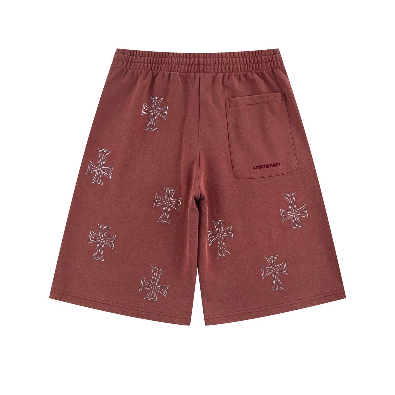 【先行予約 7月上旬発売予定】Unknown 25ss "Outline Cross Rhinestone Baggy Sweat Shorts" Red Red S