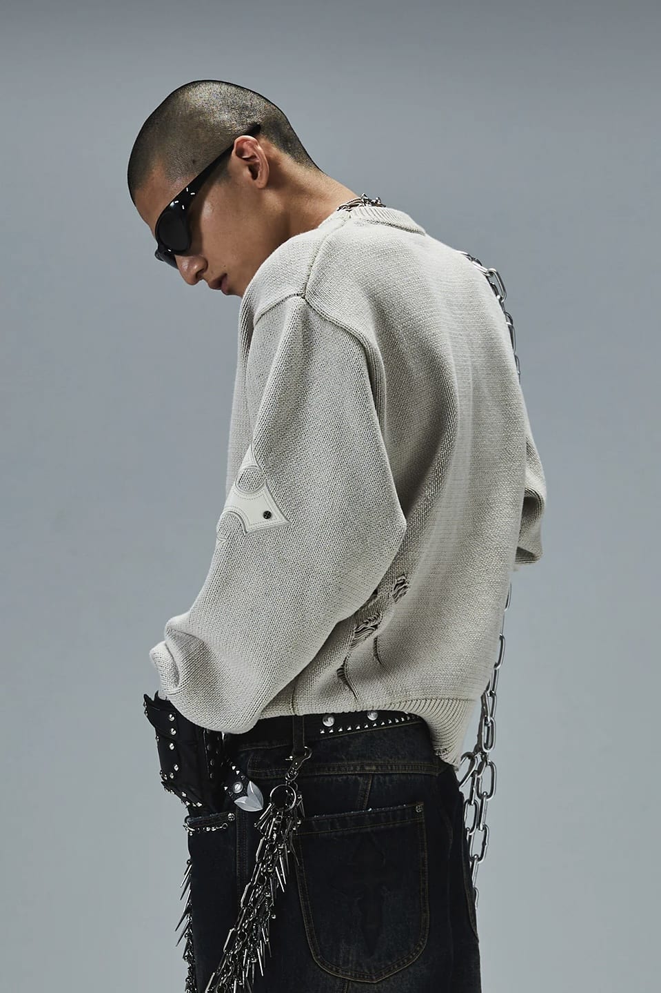 SUPPLIER 25aw "Distressed Cross Leather Patch Crew Knit V2" Beige Beige M