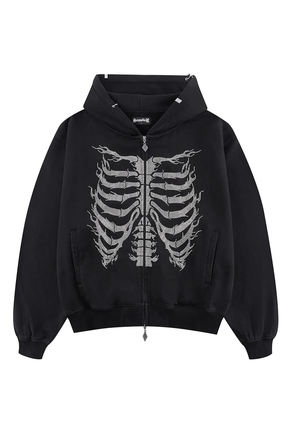 SUPPLIER 25aw "Fire Skeleton Rhinestone Zip Hoodie" Black Black M