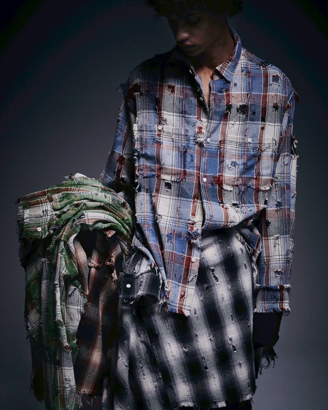 Danke Schon 26ss "Damage Camo Check L/S Shirts" Blue Blue M