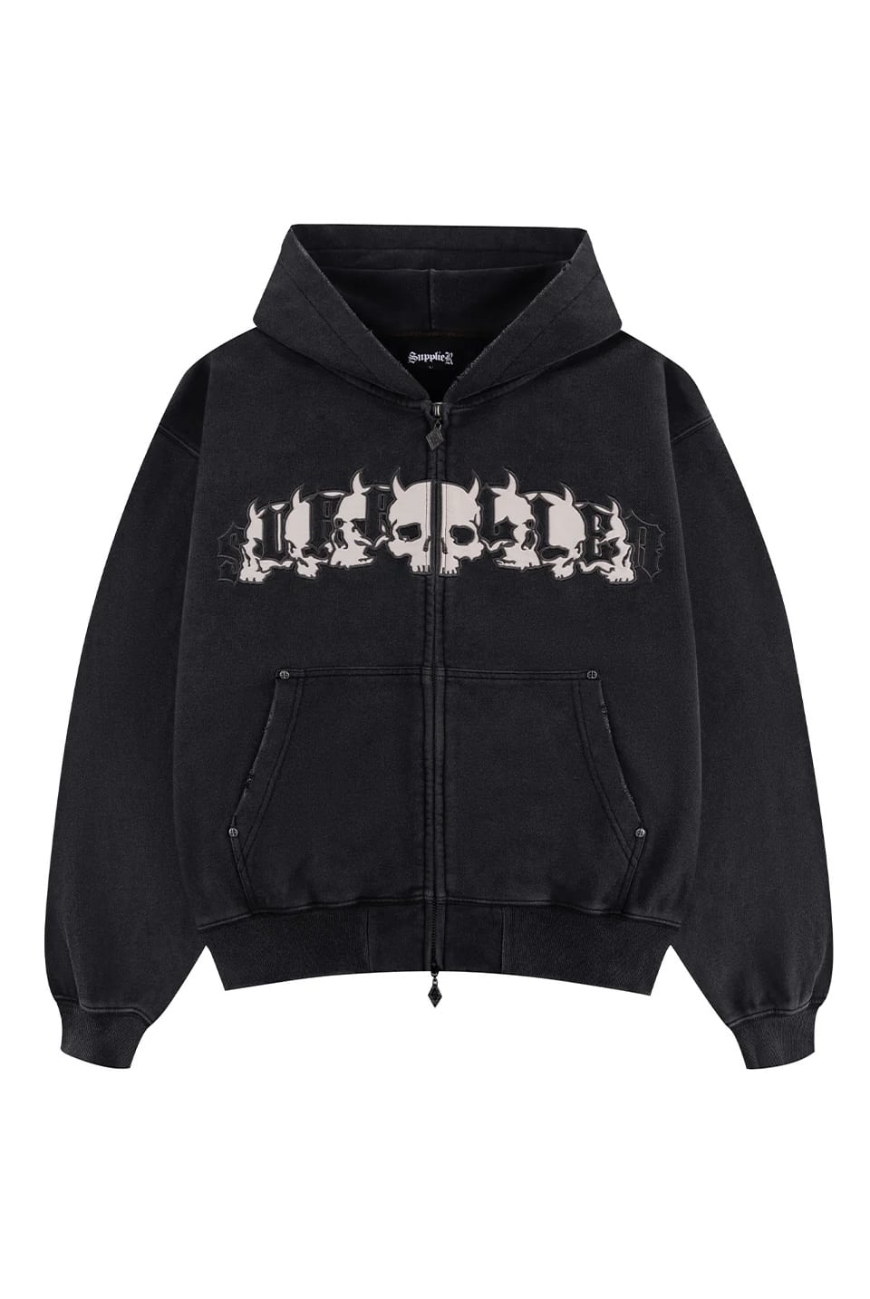 SUPPLIER 26ss "Skull Leather Patch Zip Hoodie" Black M