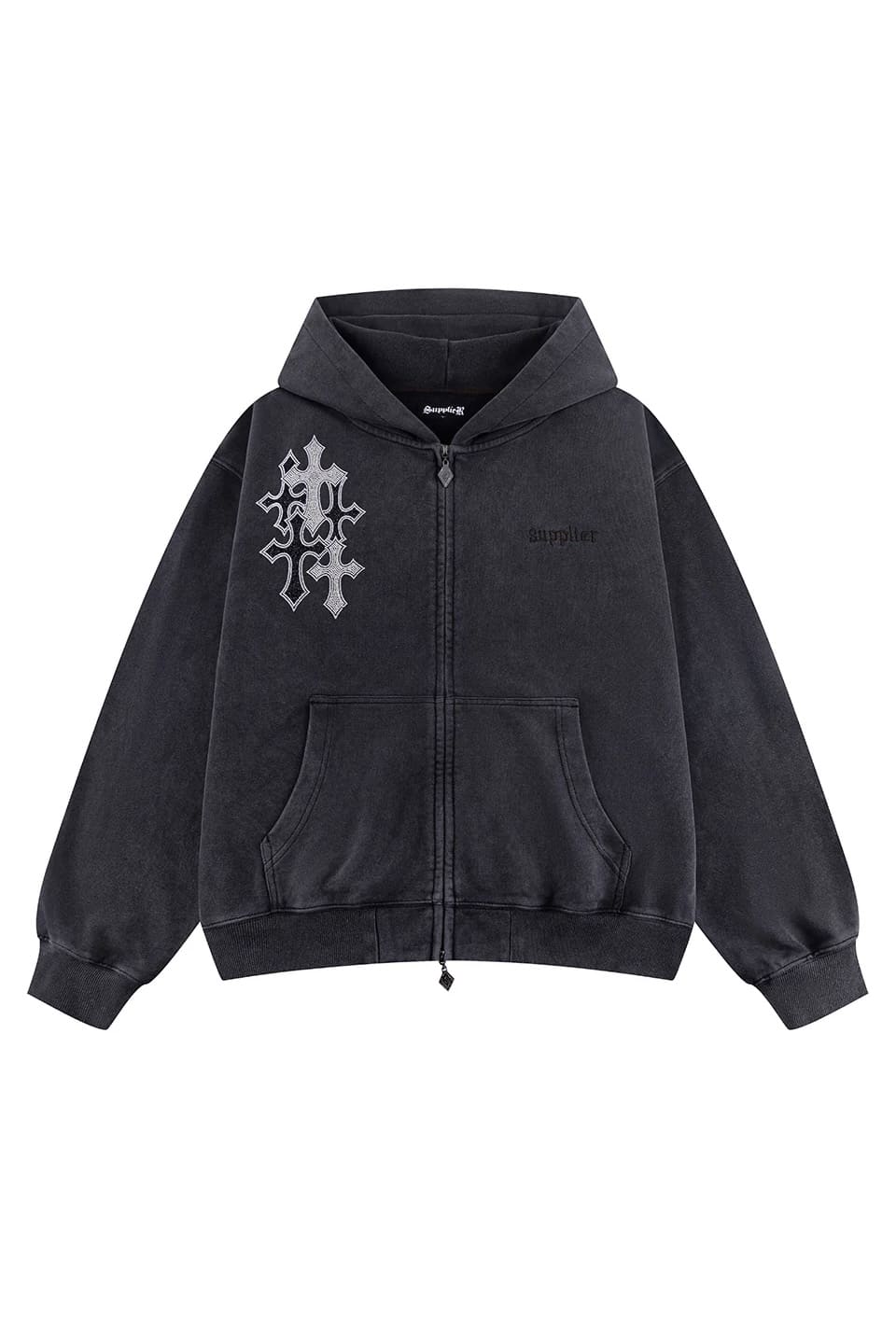 SUPPLIER 26ss "Multiple Cross Rhinestone Zip Hoodie" Black Black M