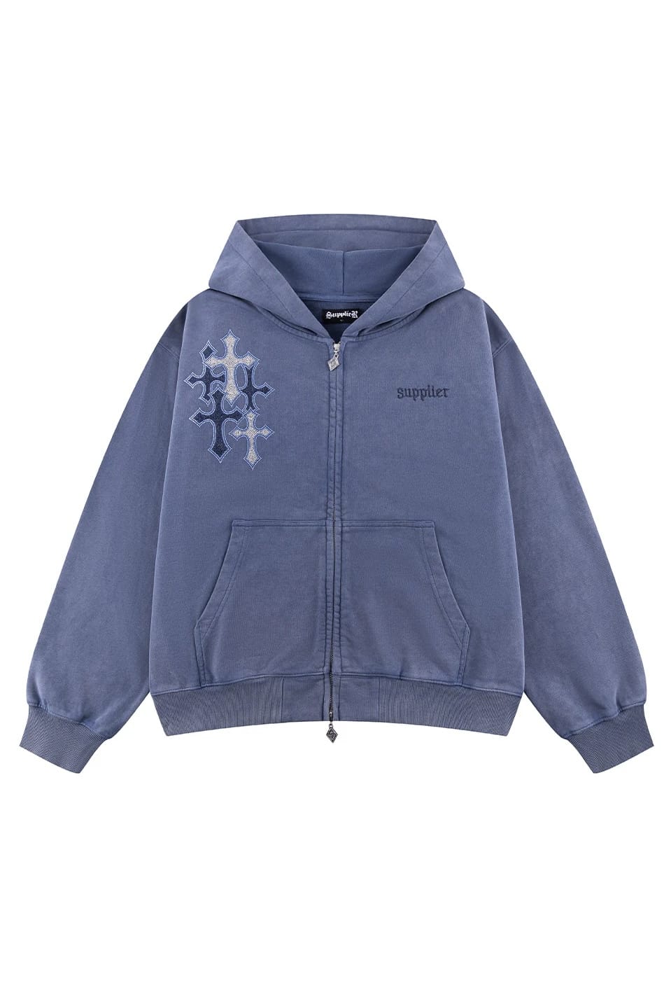 SUPPLIER 26ss "Multiple Cross Rhinestone Zip Hoodie" Blue Blue M