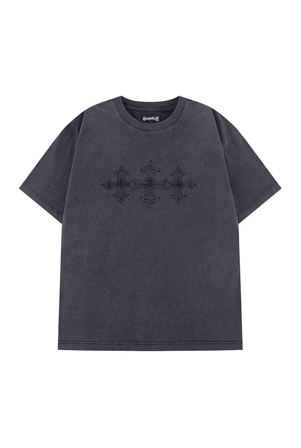 SUPPLIER 26ss "Vintage Wash Embroidery Cross Tee" Black Black M