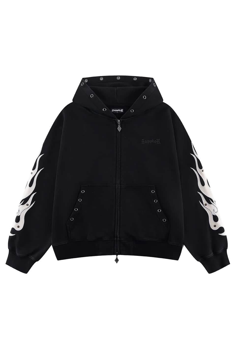 SUPPLIER 26ss "Fire Tribal Leather Patch Zip Hoodie" Black Black M