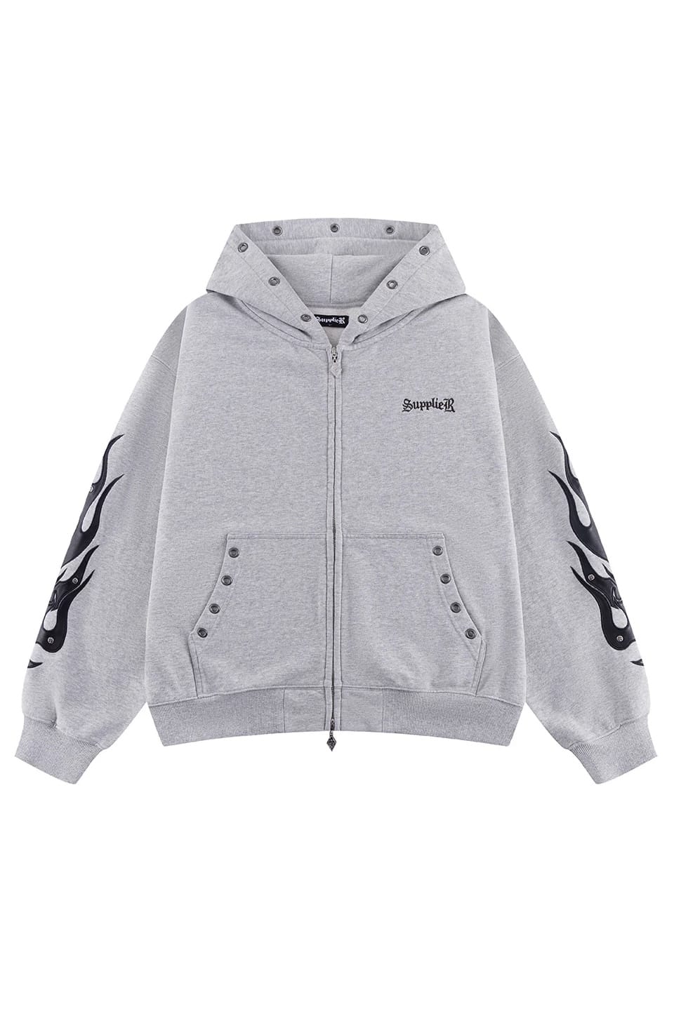 SUPPLIER 26ss "Fire Tribal Leather Patch Zip Hoodie" Gray Gray M