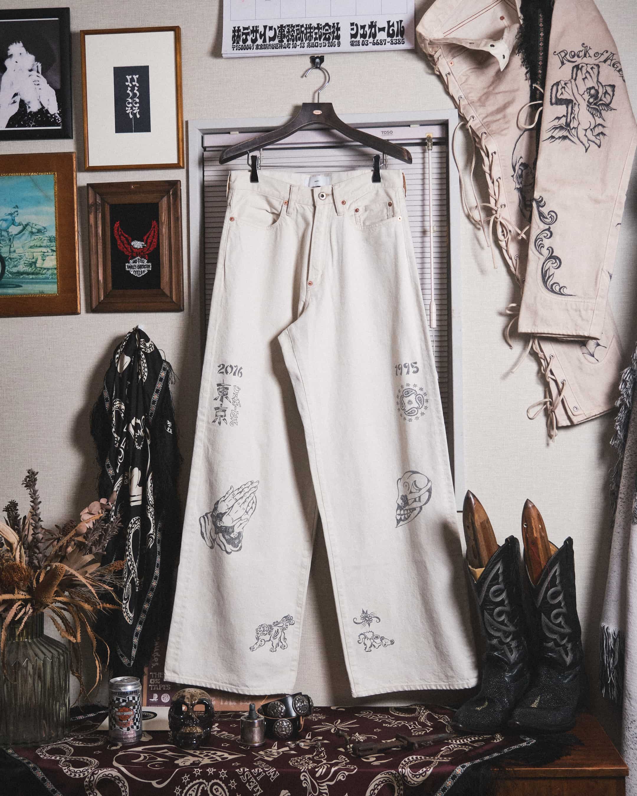 【先行予約 3月14日】SUGARHILL 26ss "Tattoo Flash Print Modern Denim Wide Cut" Ecru 30