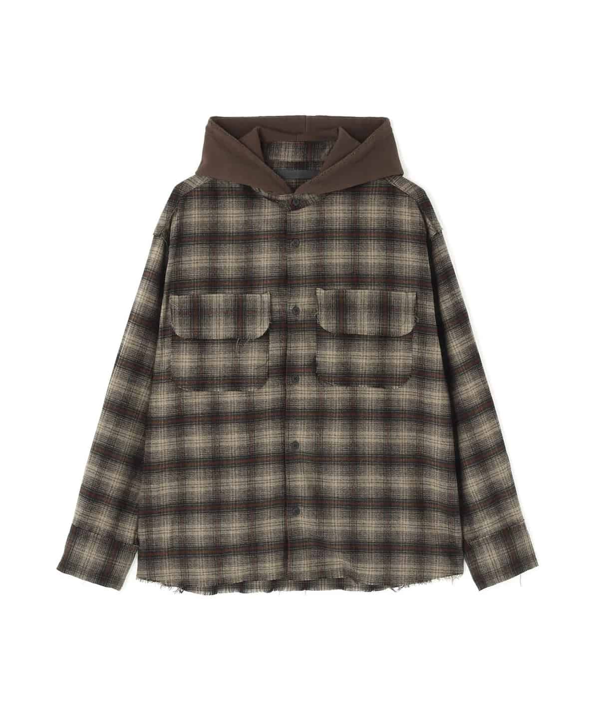 Danke Schon 26aw "Cutoff Sweathood Check Shirts" Khaki Khaki M