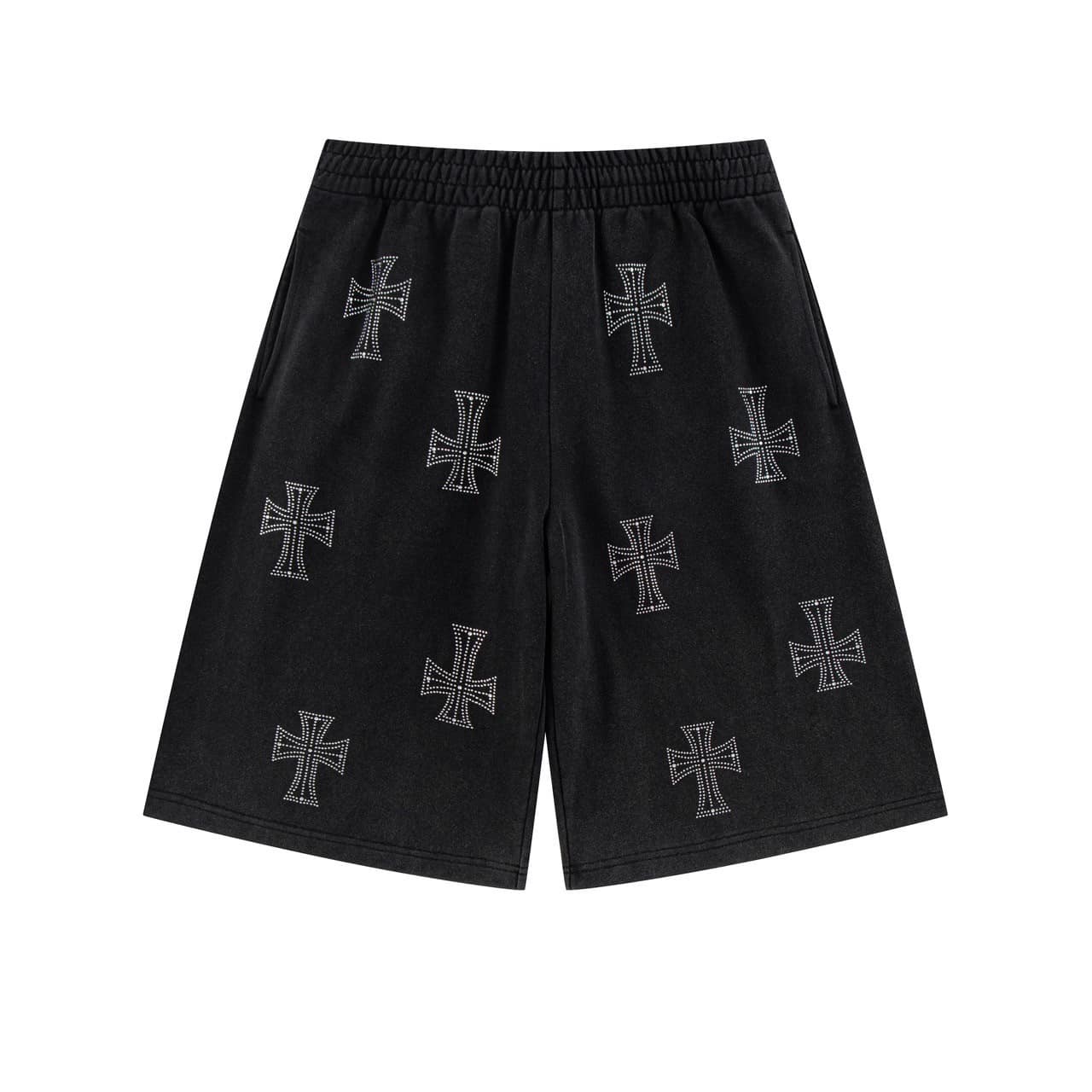 【先行予約 7月上旬発売予定】Unknown 25ss "Outline Cross Rhinestone Baggy Sweat Shorts" Black Black S
