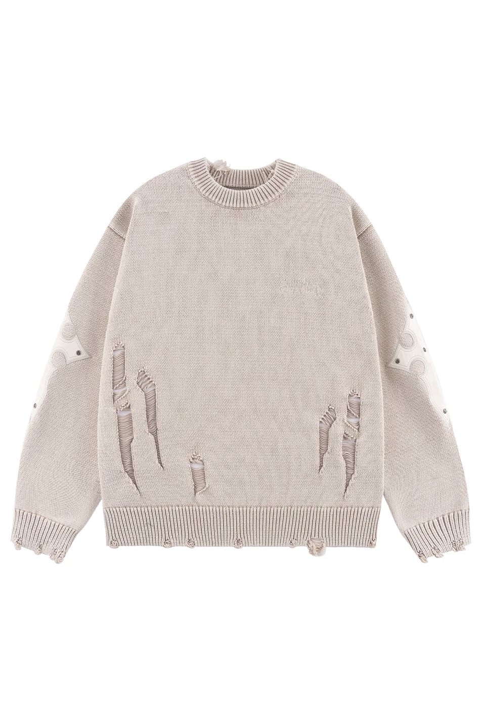 SUPPLIER 25aw "Distressed Cross Leather Patch Crew Knit V2" Beige Beige M