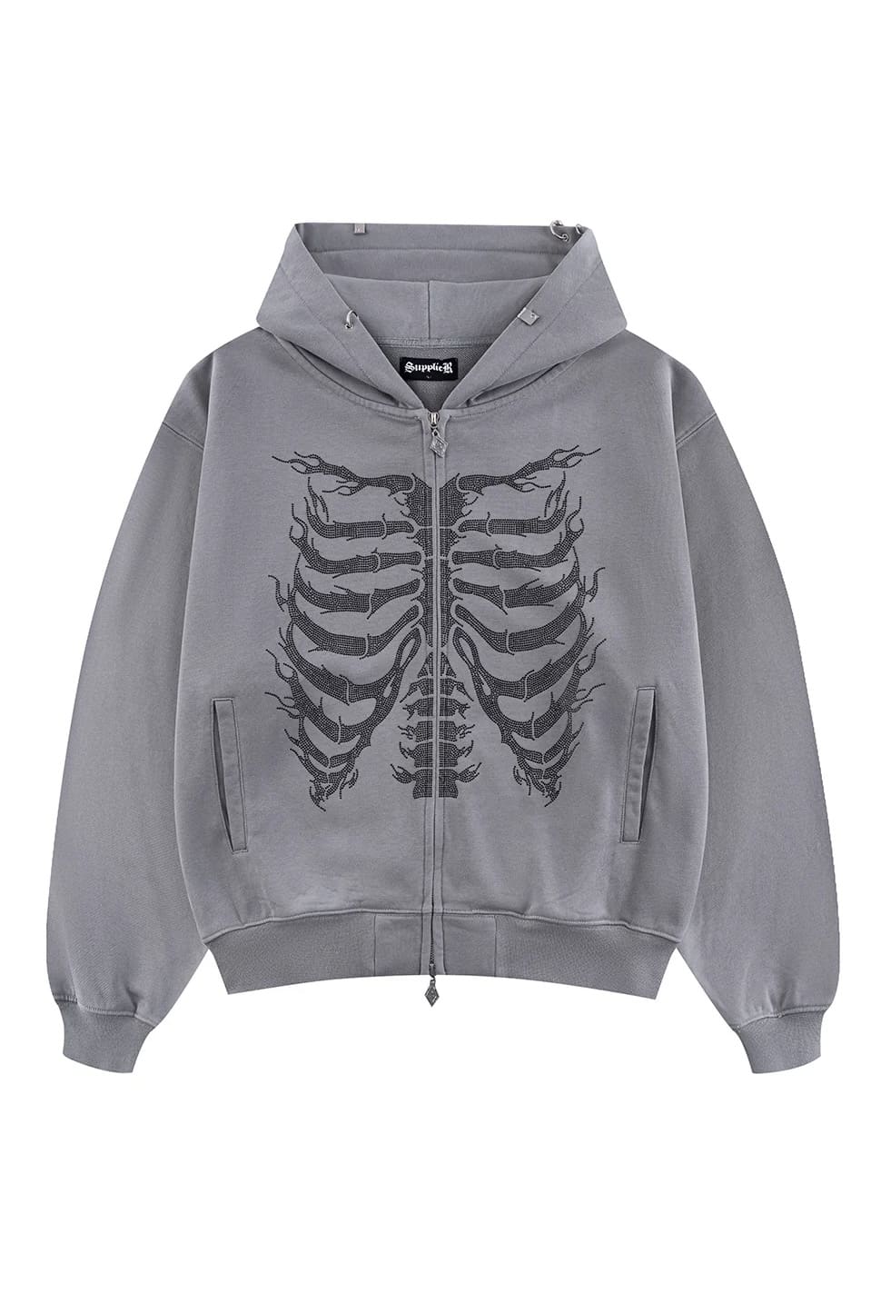 SUPPLIER 25aw "Fire Skeleton Rhinestone Zip Hoodie" Grey Grey M