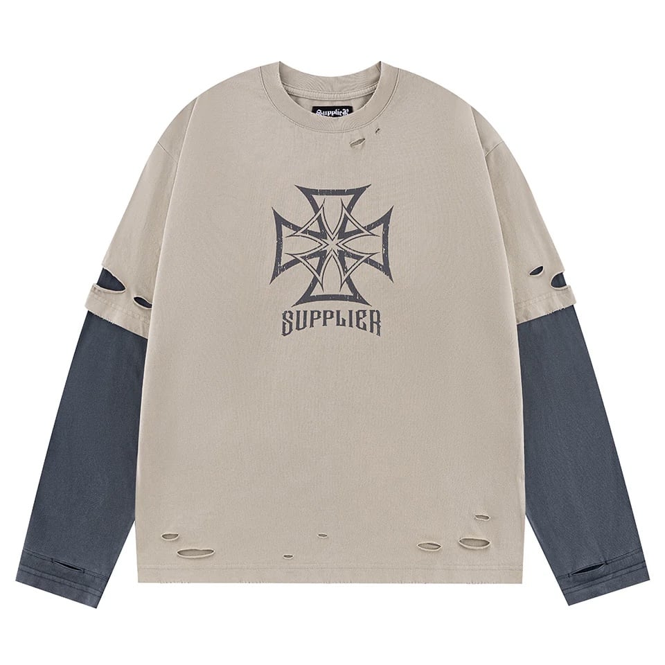 SUPPLIER 26ss "Dusty Iron Cross Layered Long Sleeve Tee" Beige Beige M