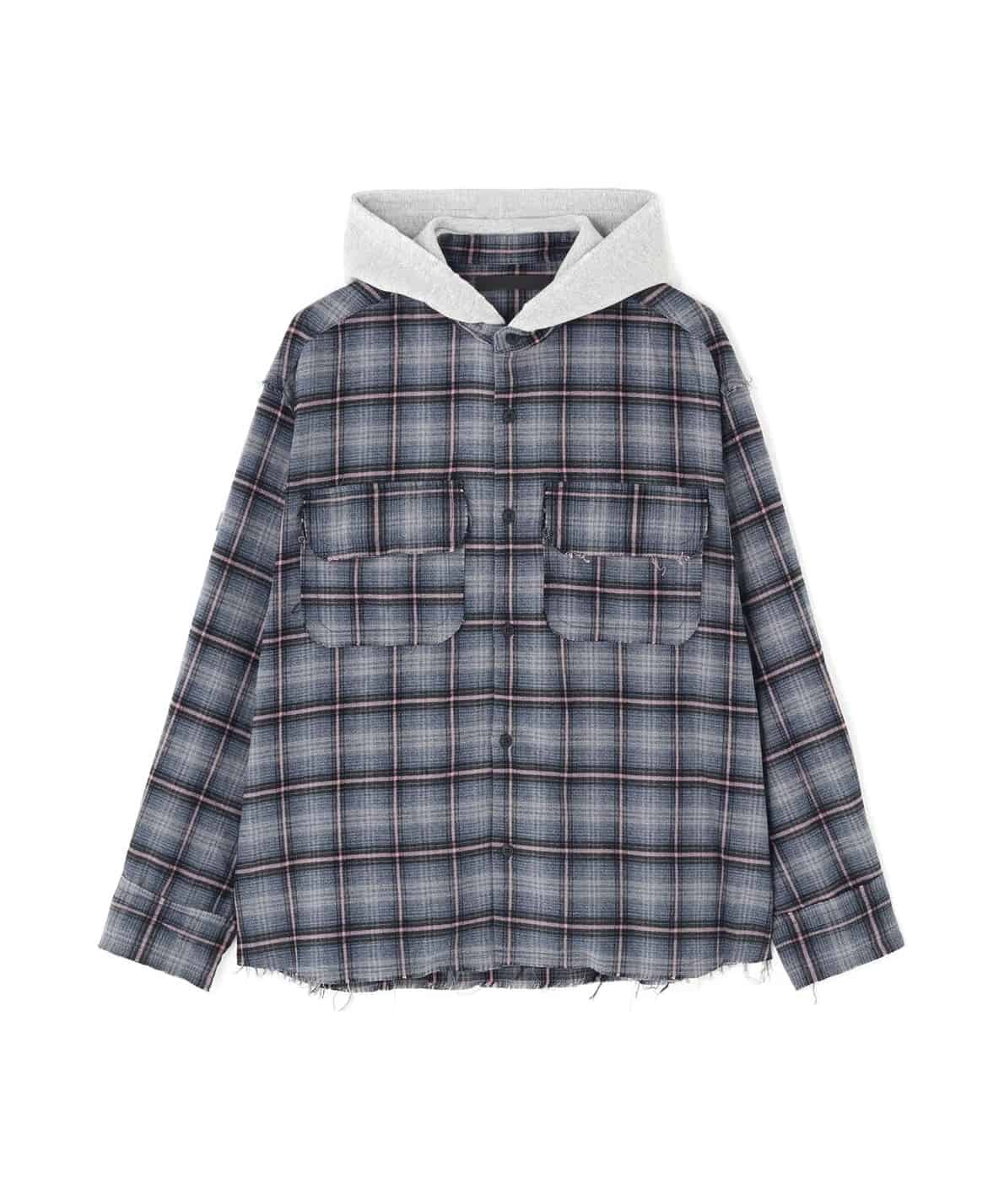 Danke Schon 26aw "Cutoff Sweathood Check Shirts" Blue Blue M