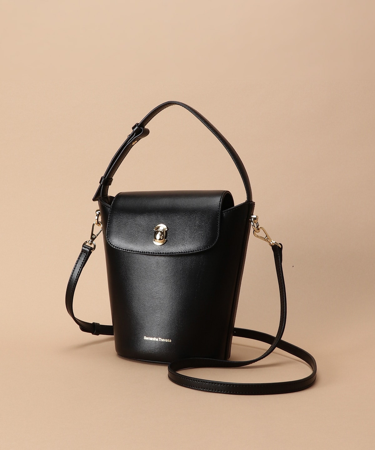 日韓共同企画]シンプルスプリットレザーバケットバッグ/ブラック  