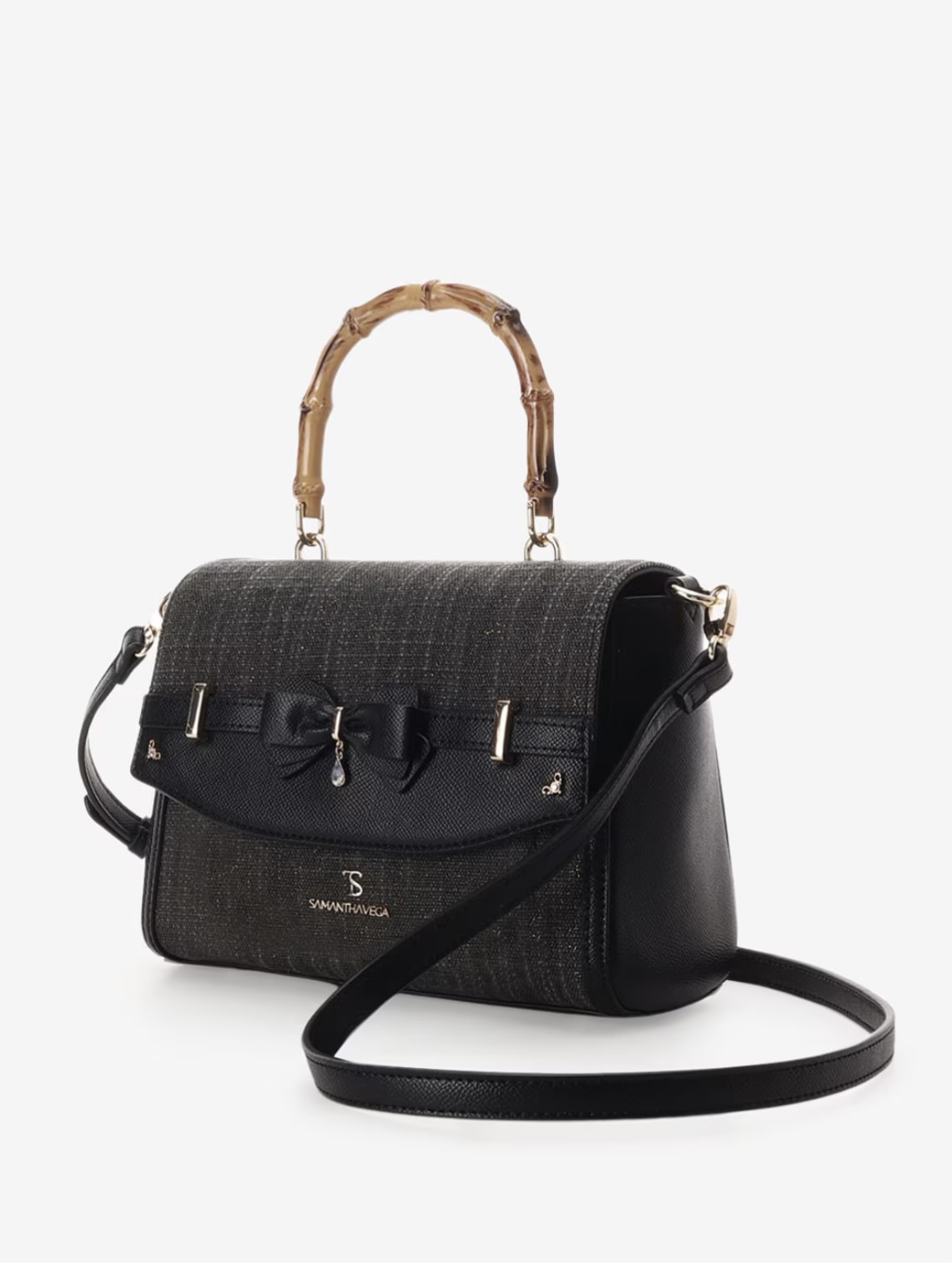 バンブーアクセントリボンショルダーバッグ【ブラック】 ブラック