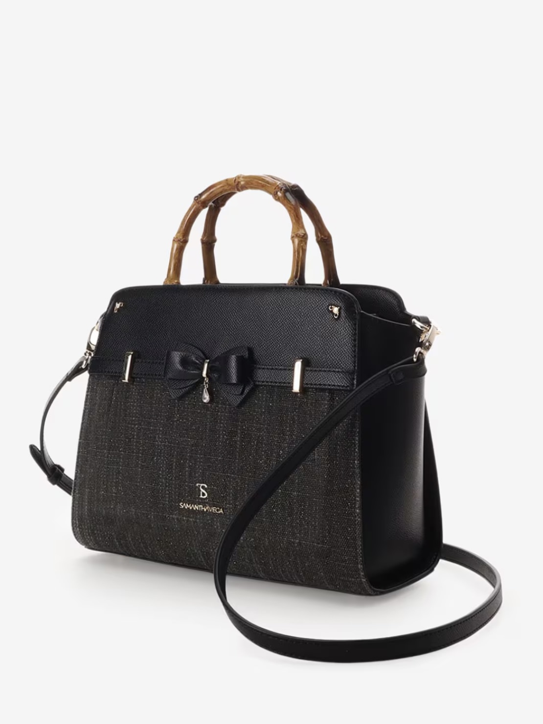 バンブーアクセントリボンハンドバッグ【ブラック】 ブラック