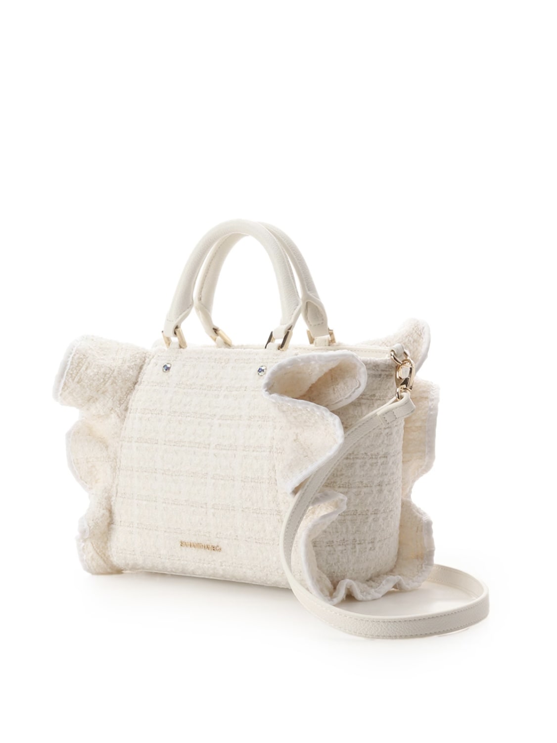 ツイードフリルハンドバッグ（小)【ホワイト】 ホワイト