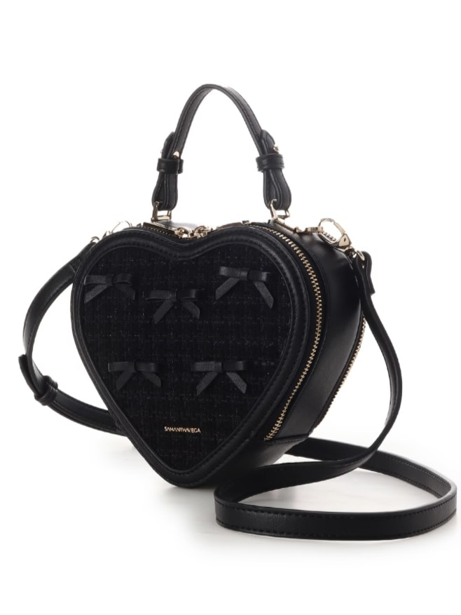 ツイードリボンハート型ショルダーバッグ【ブラック】 ブラック