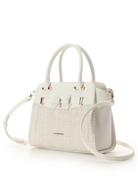 新色ツイードアクセントリボンハンドバッグ【ホワイト】(ホワイト