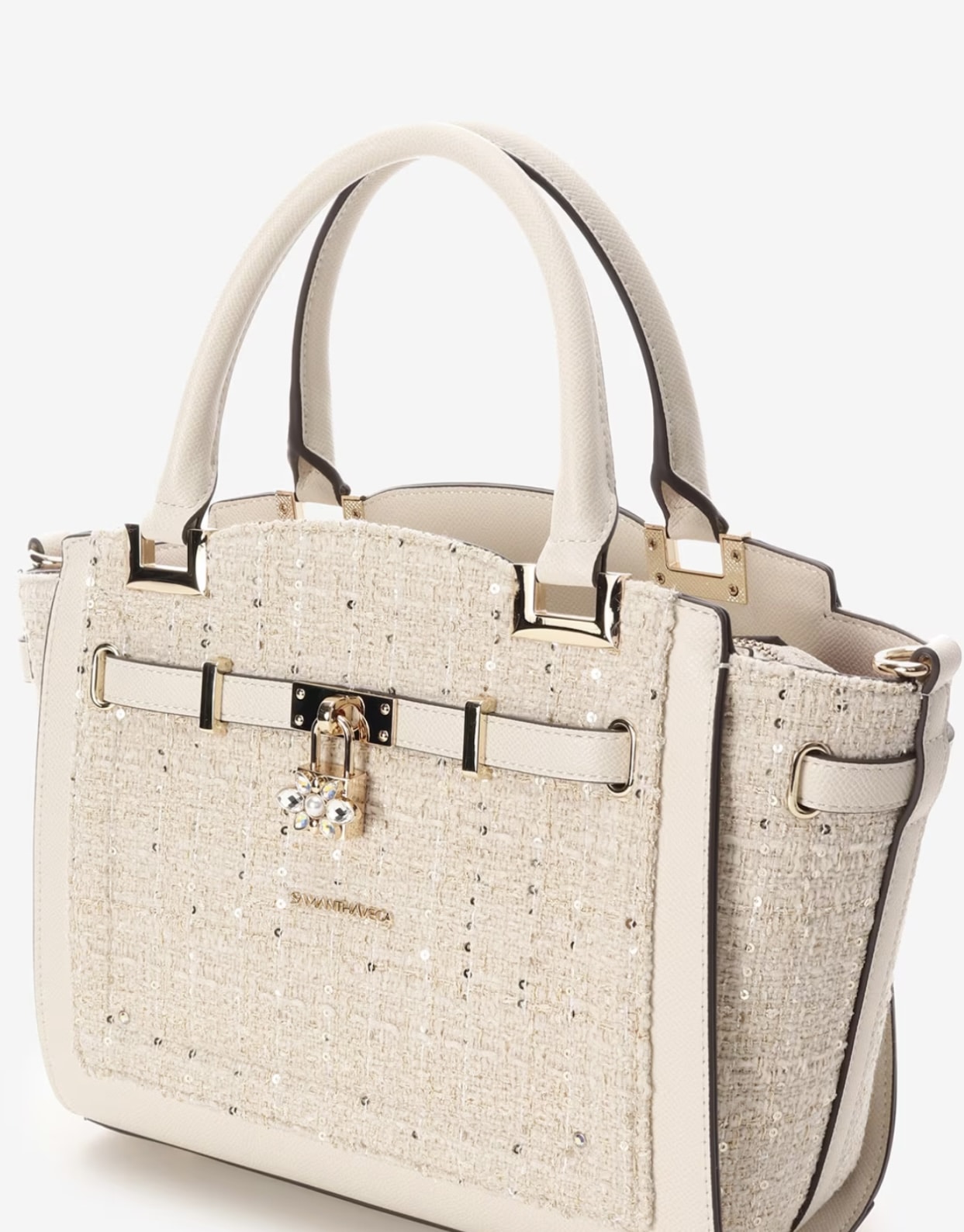 ツイードベルトビジューハンドバッグ【オフホワイト】 オフホワイト