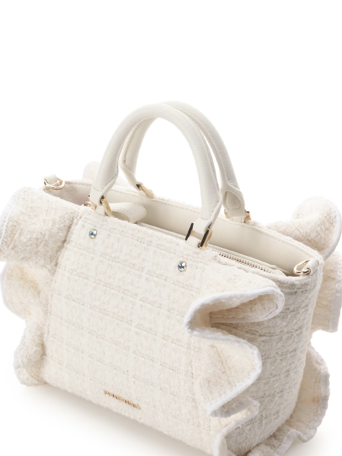 ツイードフリルハンドバッグ（小)【ホワイト】 ホワイト