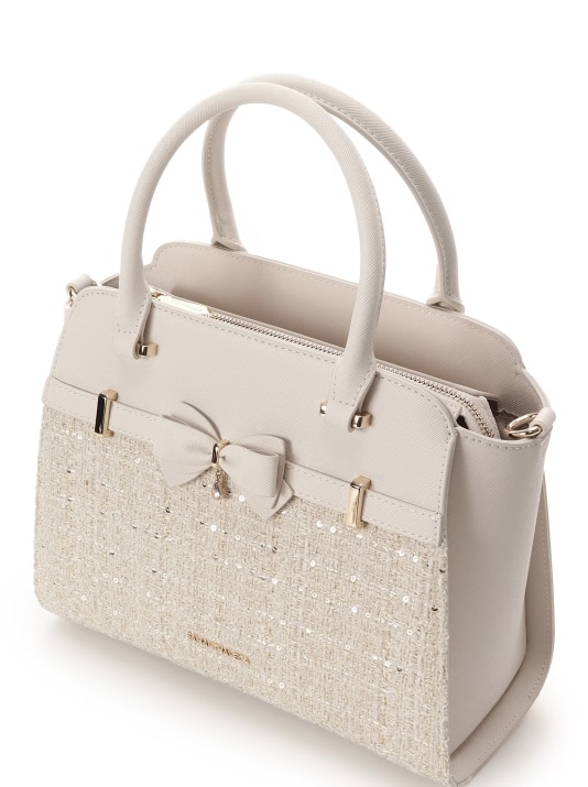 ツイードアクセントリボンハンドバッグ【ホワイト】 ホワイト