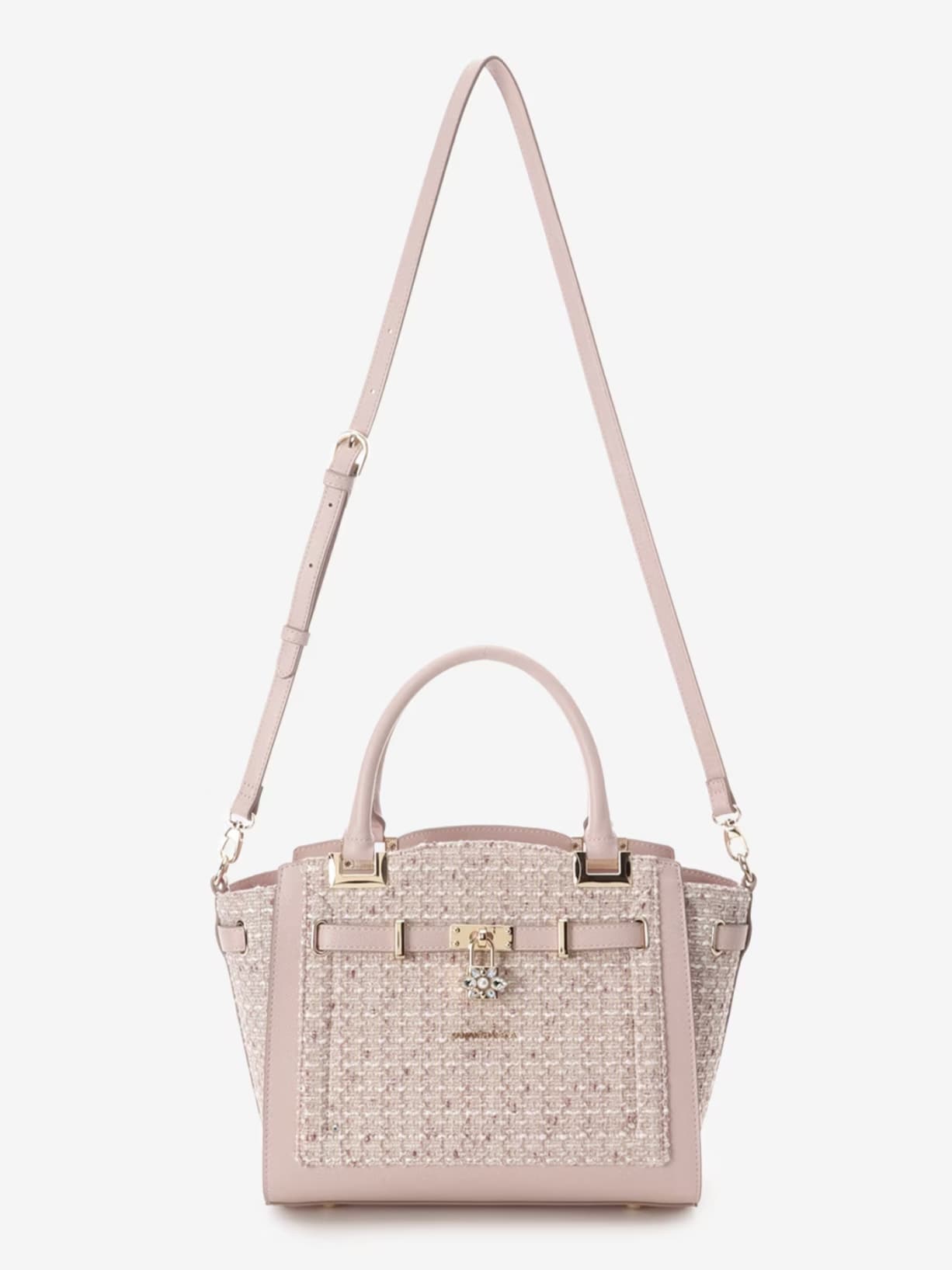 ツイードベルトビジューハンドバッグ【ピンクベージュ】 ピンクベージュ