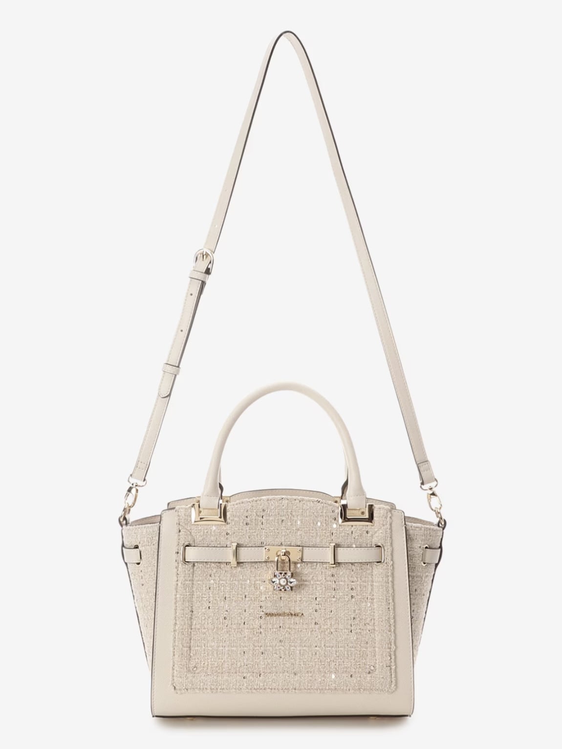 ツイードベルトビジューハンドバッグ【オフホワイト】 オフホワイト