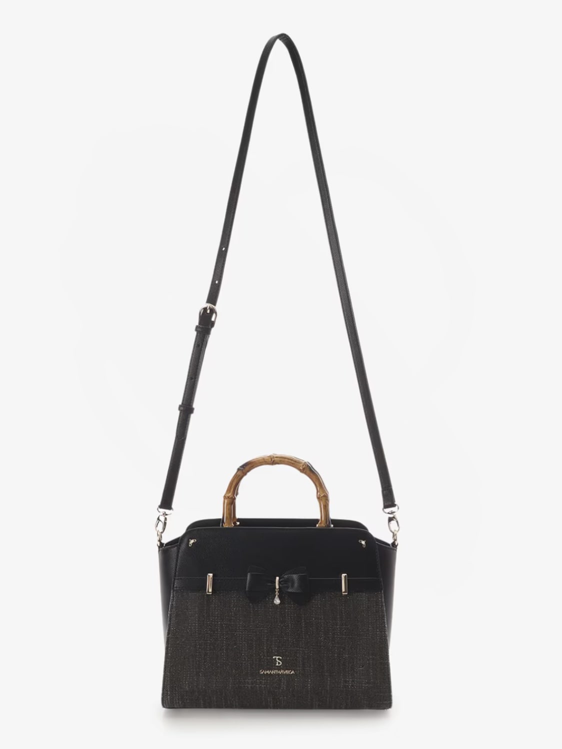 バンブーアクセントリボンハンドバッグ【ブラック】 ブラック