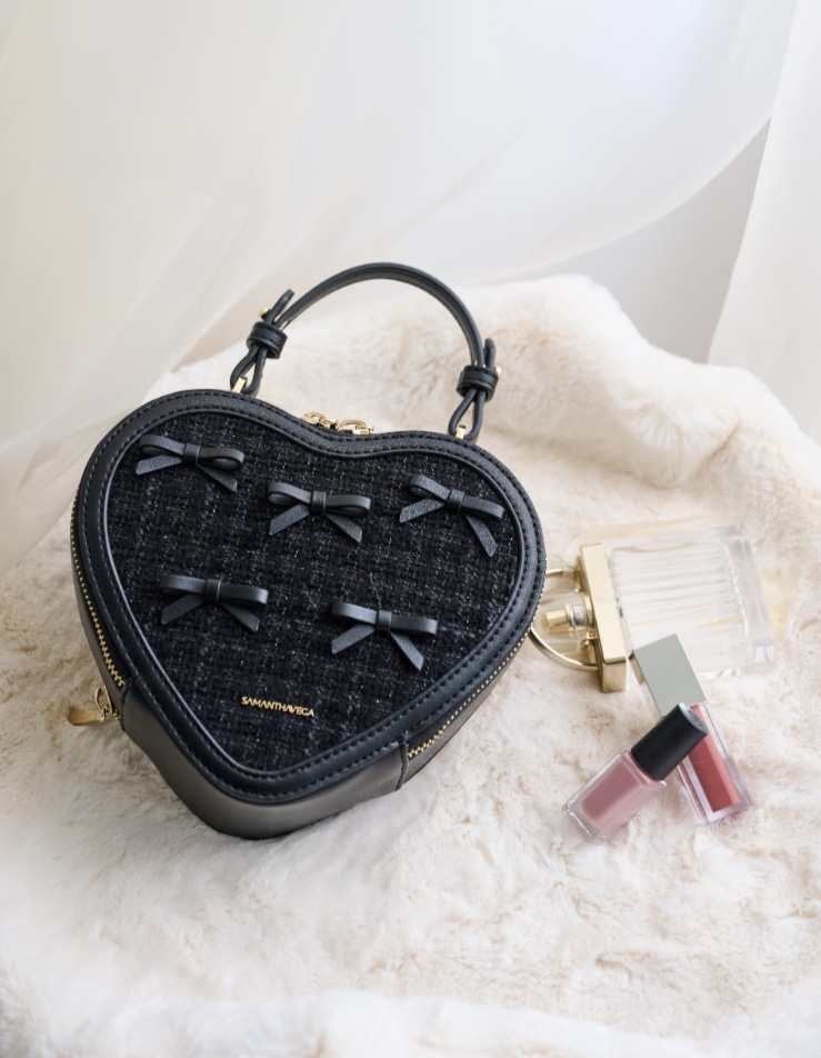 ツイードリボンハート型ショルダーバッグ【ブラック】 ブラック