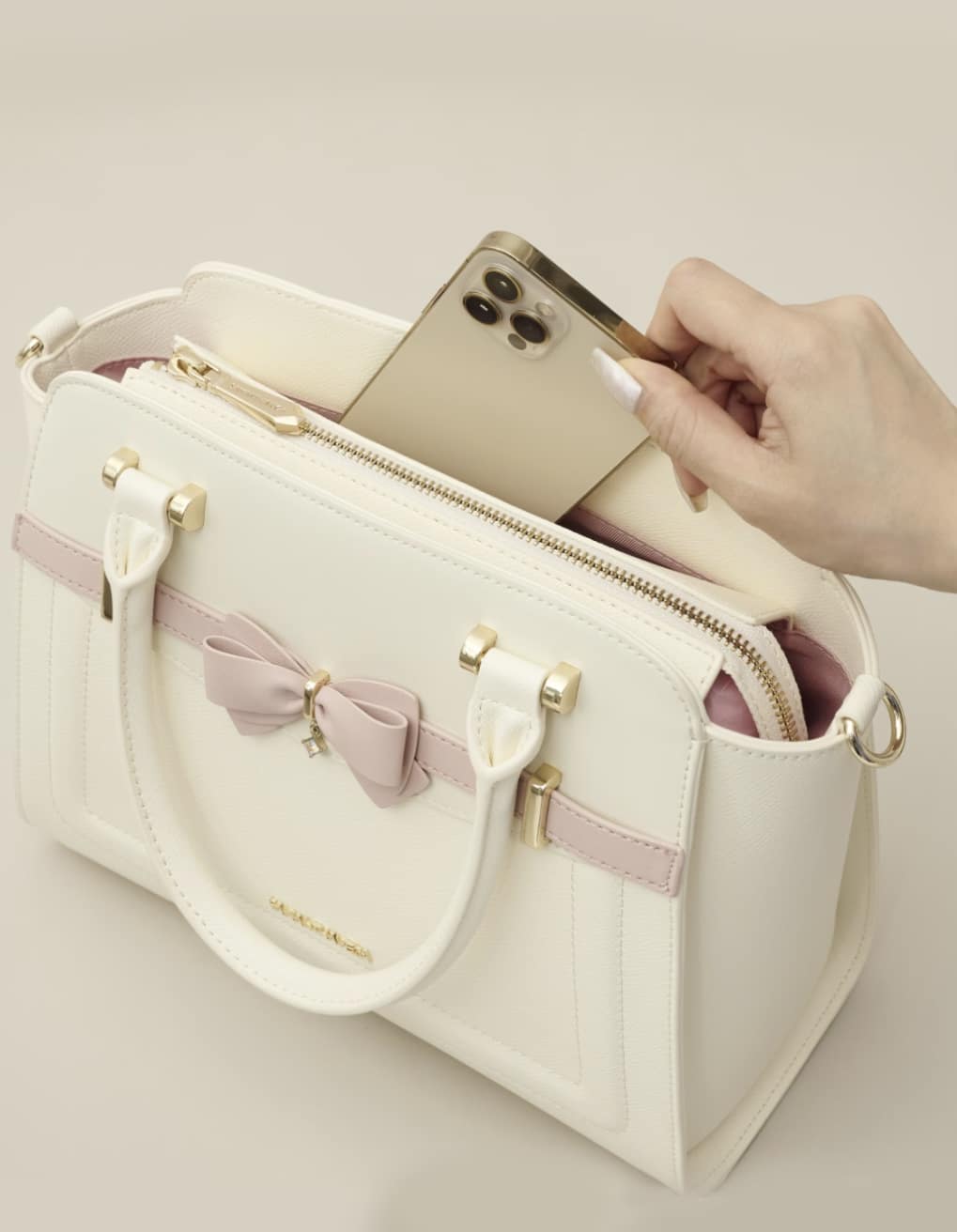 バイカラーアクセントリボンハンドバッグ【ホワイト】 ホワイト