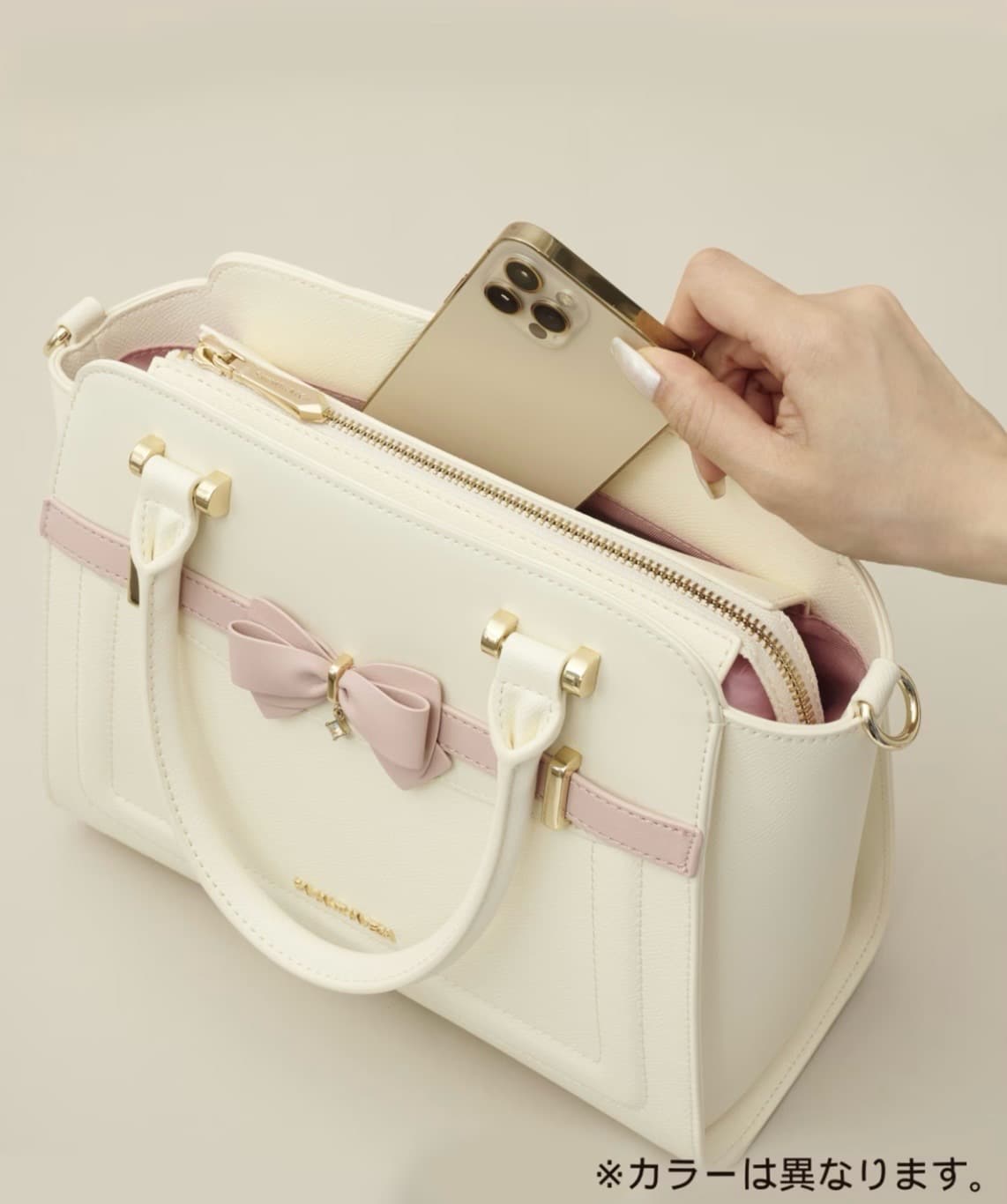 バイカラーアクセントリボンハンドバッグ【ライトブルー】 ライトブルー