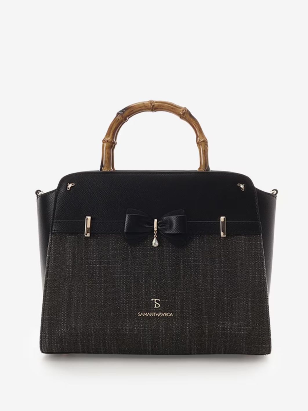 バンブーアクセントリボンハンドバッグ【ブラック】 ブラック