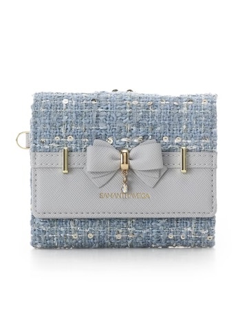 ツイードアクセントリボン折財布【ライトブルー】(ライトブルー