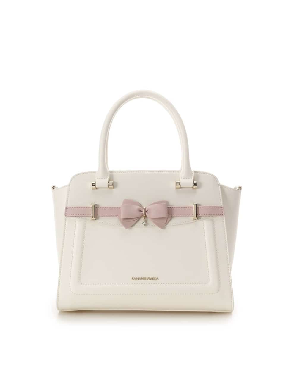 バイカラーアクセントリボンハンドバッグ【ホワイト】 ホワイト