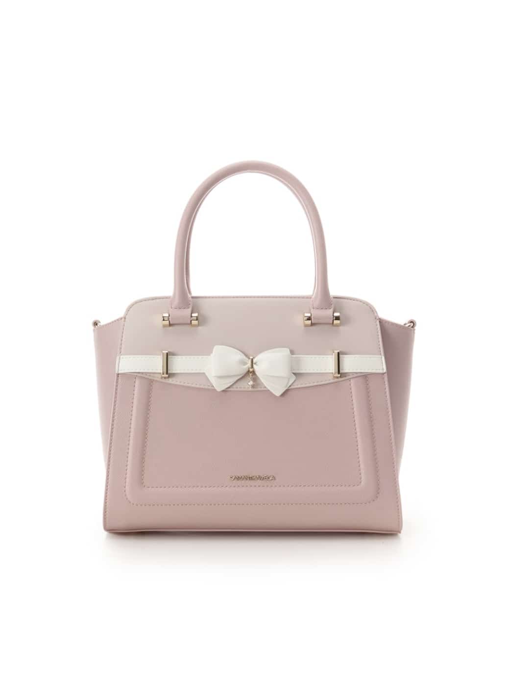 バイカラーアクセントリボンハンドバッグ【ピンク】(ピンク