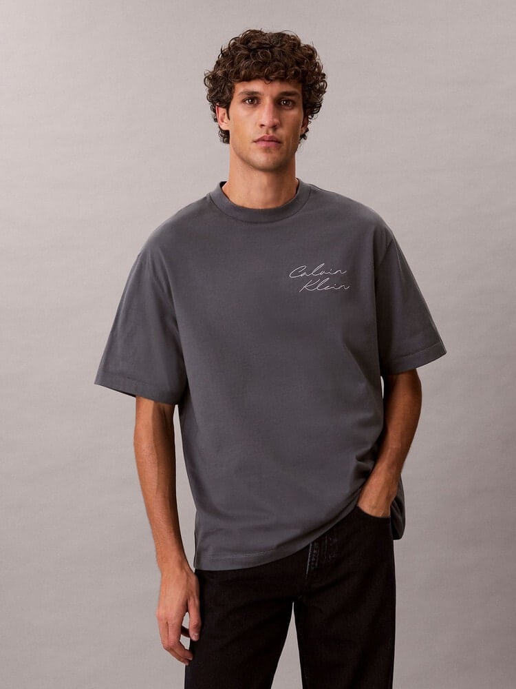 CalvinKlein/カルバンクライン/エンブロイダリーロゴフォント グラフィックTシャツ CHARCOAL S
