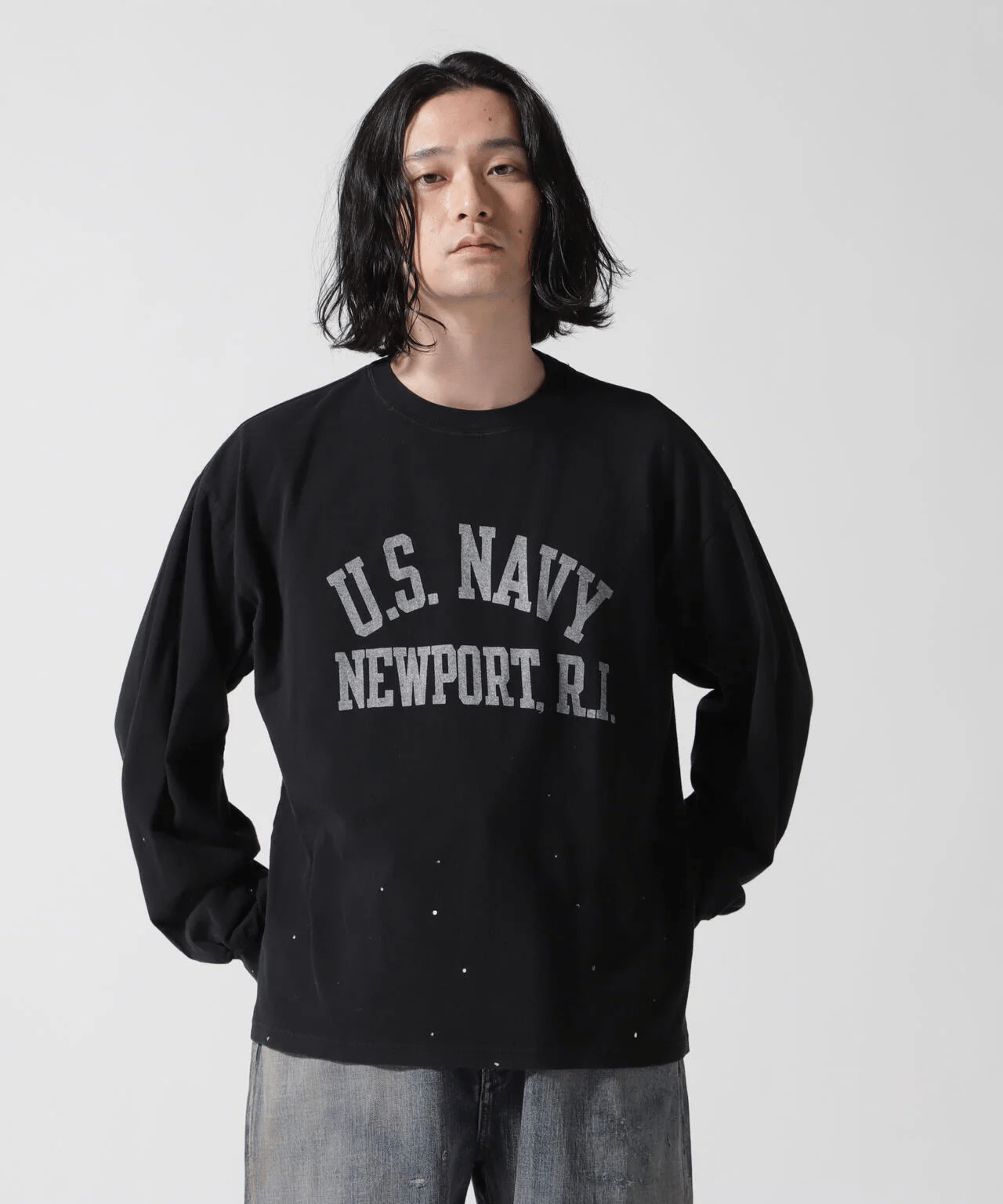 REMI RELIEF/レミレリーフ/別注20/-天竺ロンＴ（US NAVY）ペイント加工 BLACK M