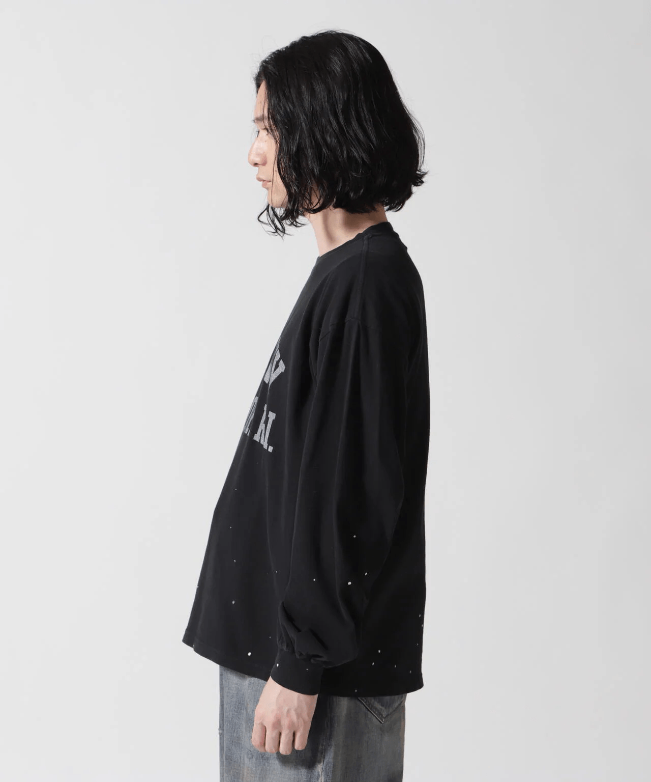 REMI RELIEF/レミレリーフ/別注20/-天竺ロンＴ（US NAVY）ペイント加工 BLACK M