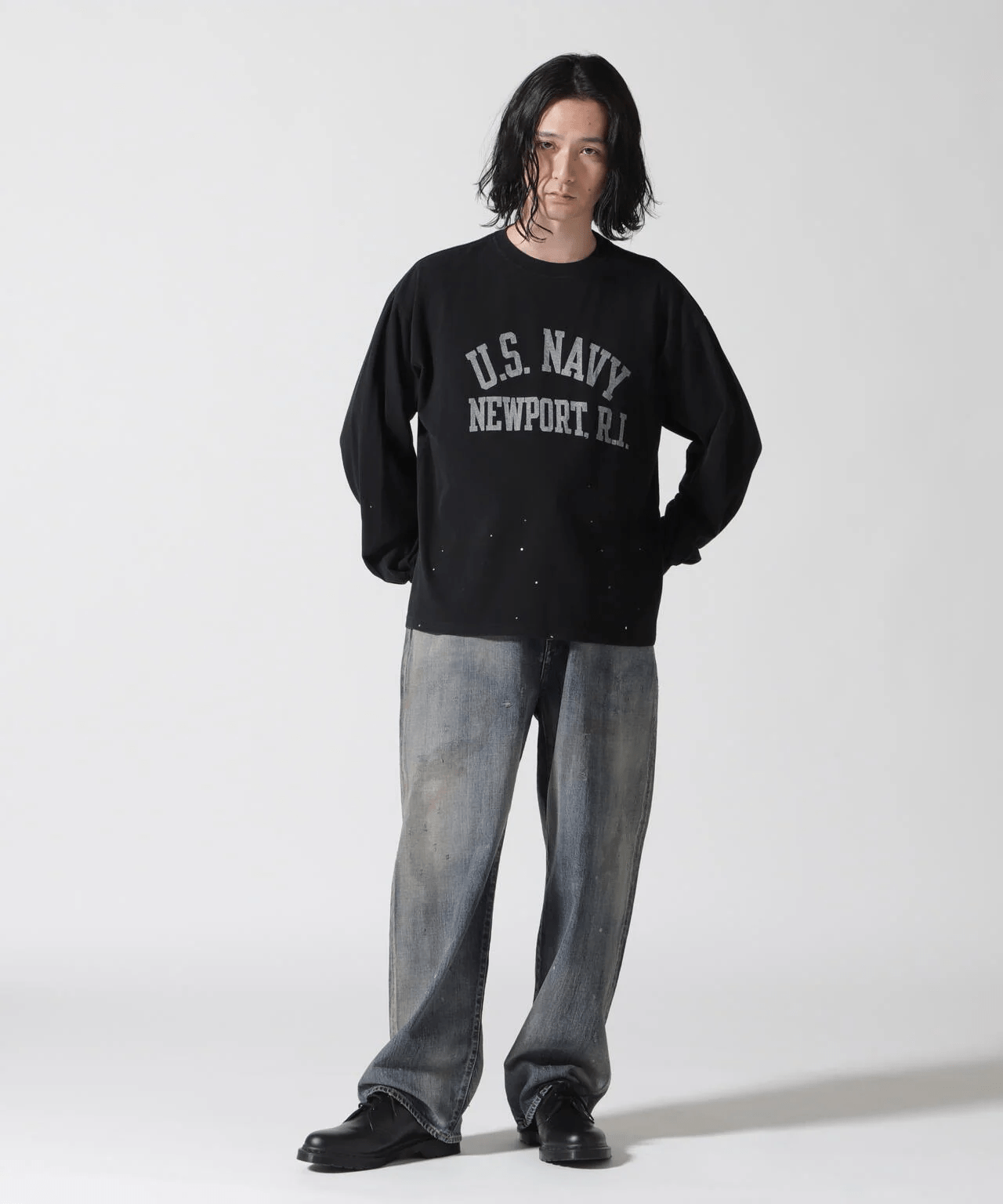 REMI RELIEF/レミレリーフ/別注20/-天竺ロンＴ（US NAVY）ペイント加工 BLACK M