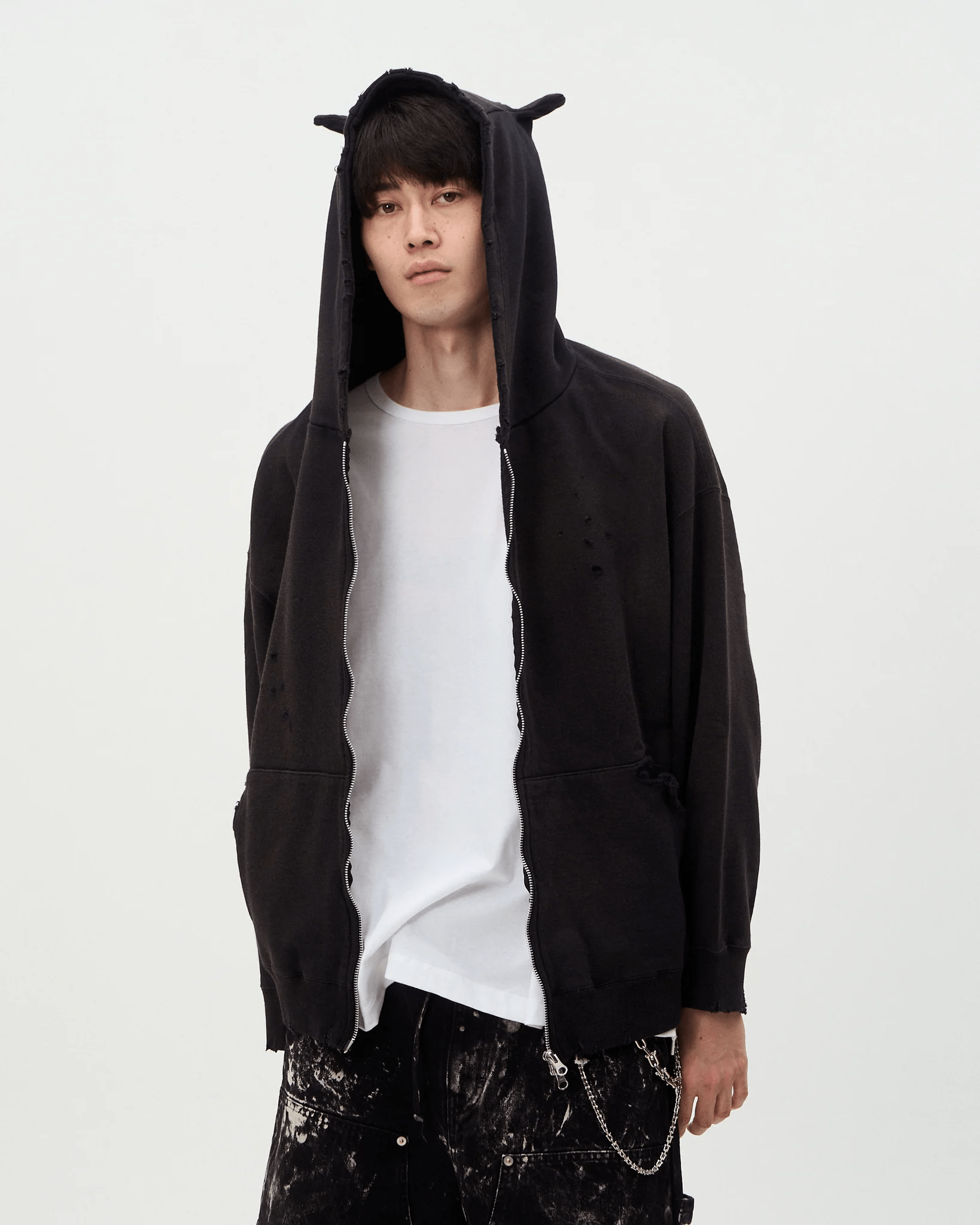 DISCOVERED/ディスカバード/DEVIL EAR DAMAGE HOODIE BLACK 1