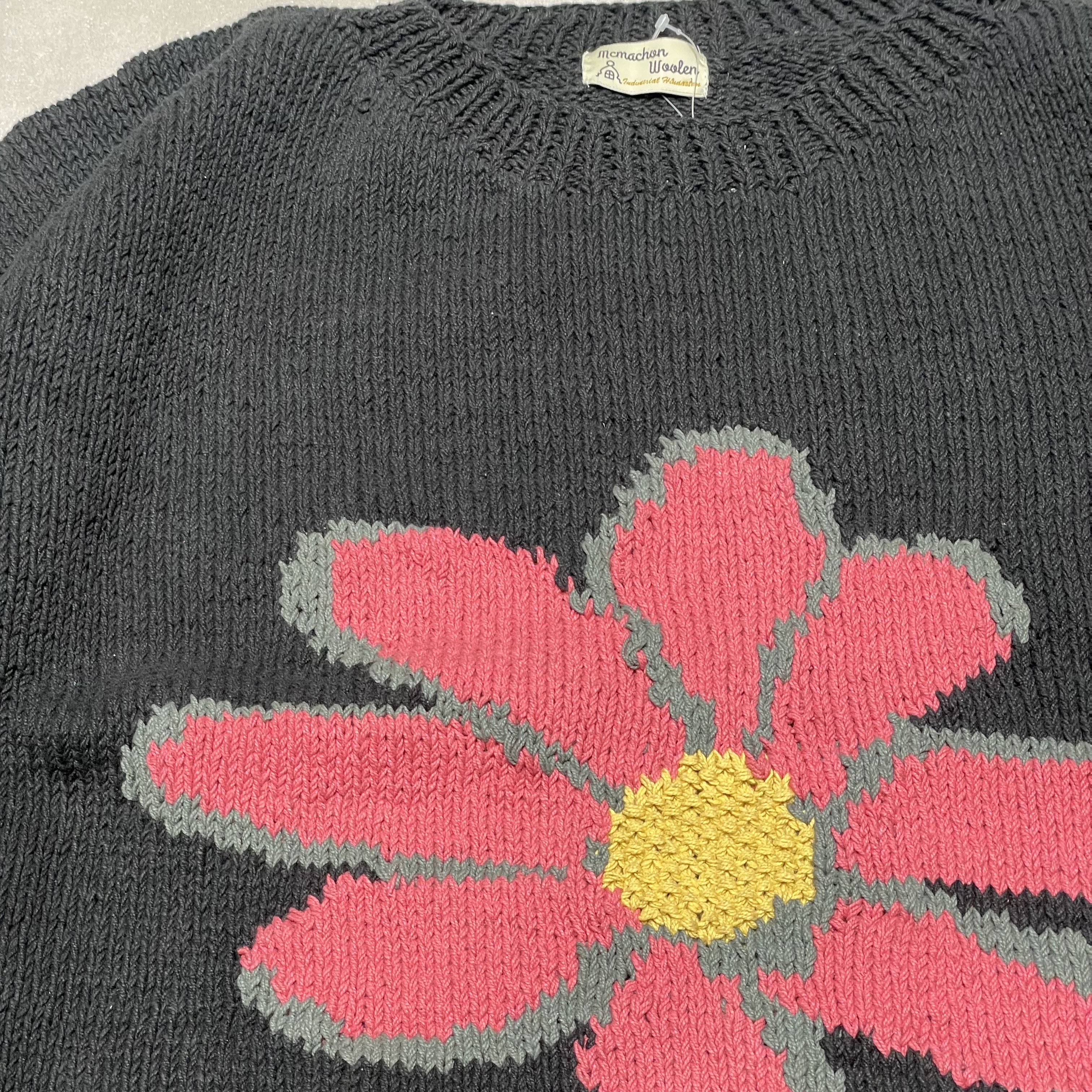 MacMahon Knitting Mills /マクマホンニッティングミルズ/Big S/S Crew Neck Knit-Flower BLACK×PINK FRE