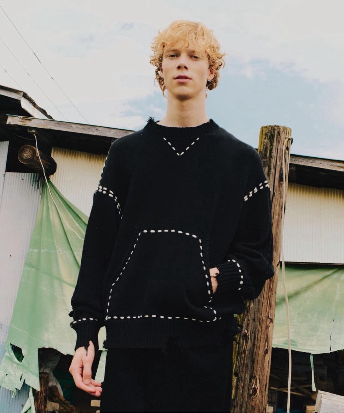 B omnivore/ビーオムニボー/HANDSTITCH CABLE KNIT CN ハンドステッチケーブルニットクルーネック BLACK M