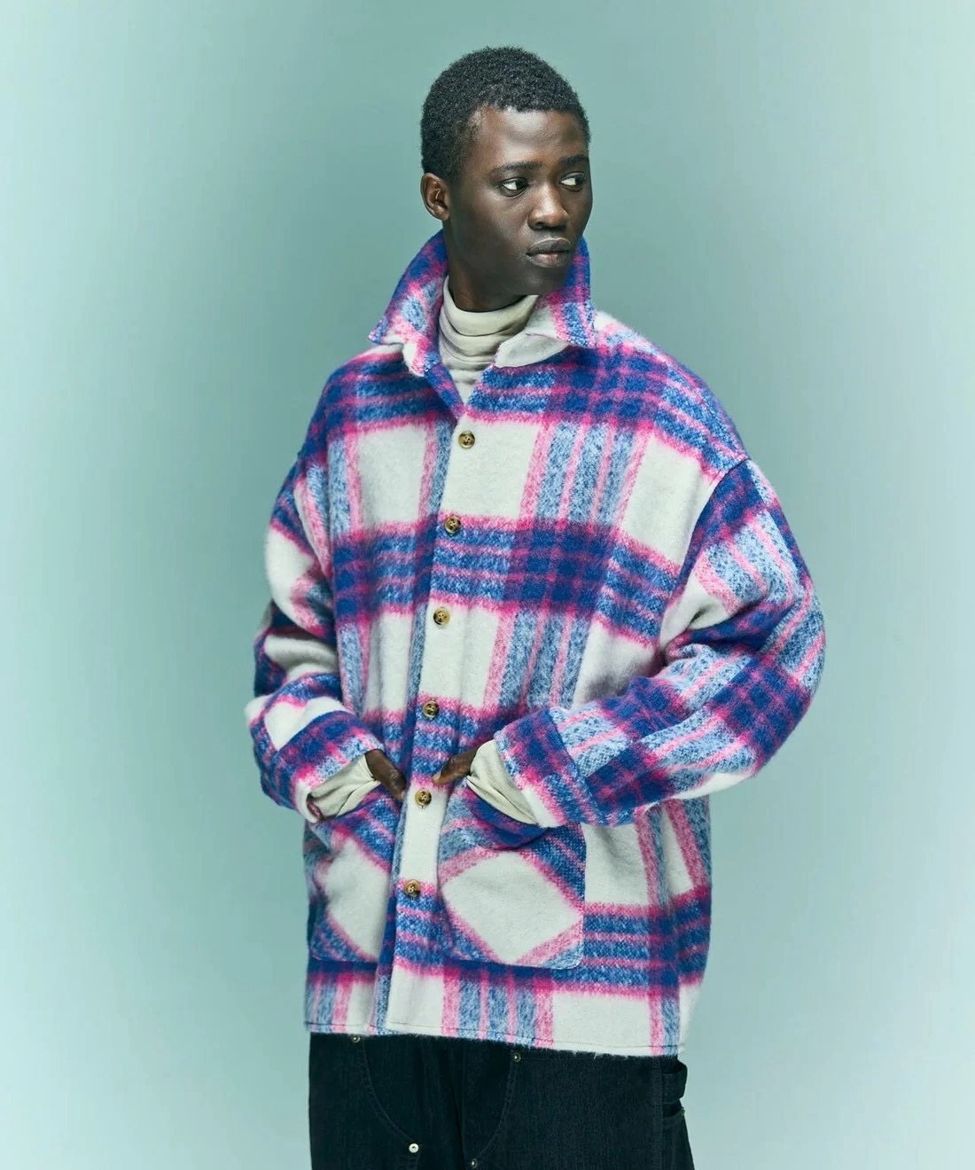 B omnivore/ビーオムニボー/SHAGGY SHIRT CHECK シャギーシャツチェック PINK M