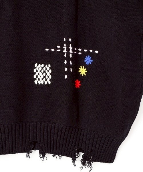 B omnivore/ビーオムニボー　HAND STITCH CREWNECK KNIT ハンドステッチクルーネックニット BLACK M