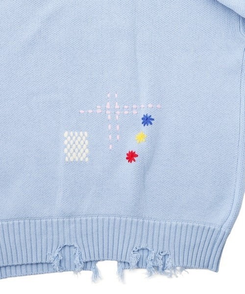 B omnivore/ビーオムニボー　HAND STITCH CREWNECK KNIT ハンドステッチクルーネックニット SAX M