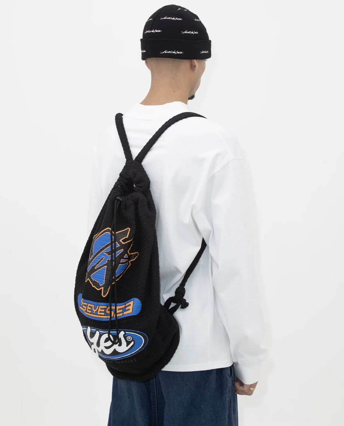 YES EYE SEE/イエスアイシー/Jacquard Fabric String Bag BLACK FREE