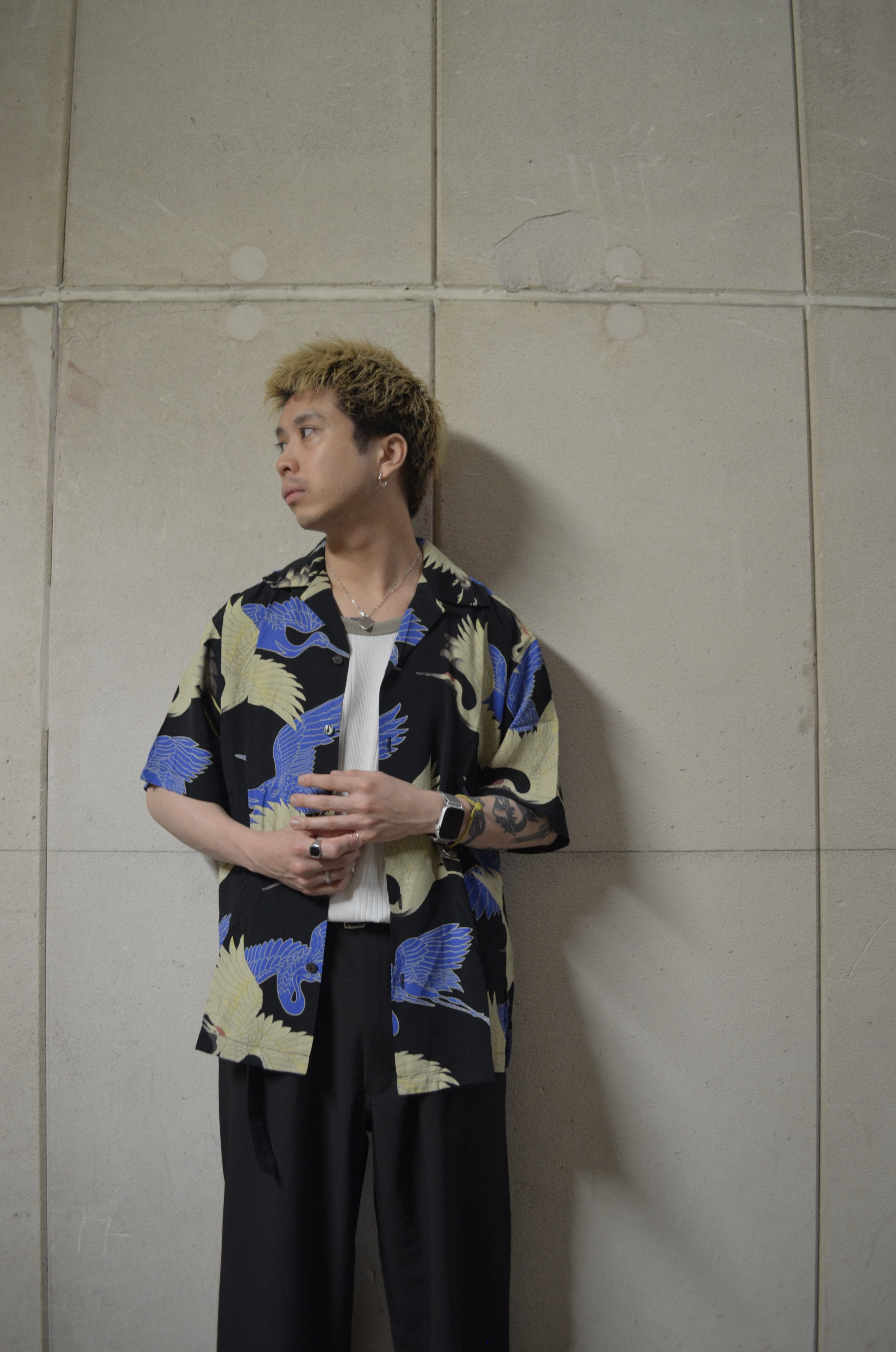 Schott×PJ/ショット×パイナップルジュース/RAYON SHIRT CRANE/レーヨンシャツ クレーン BLACK M