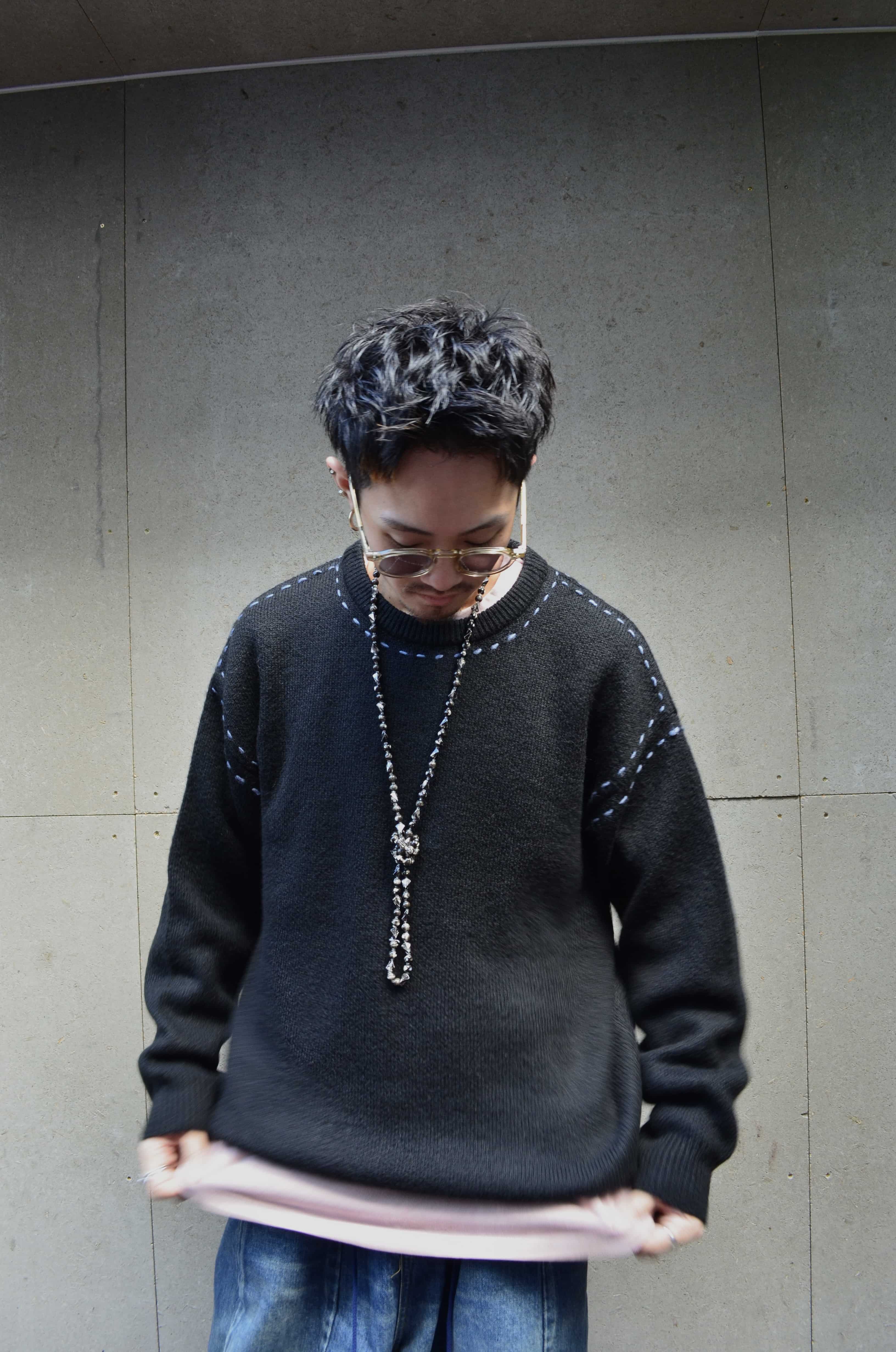 B omnivore/ビーオムニボー/BO アクリル起毛KNIT HAND CREW ニット　ステッチ BLACK M
