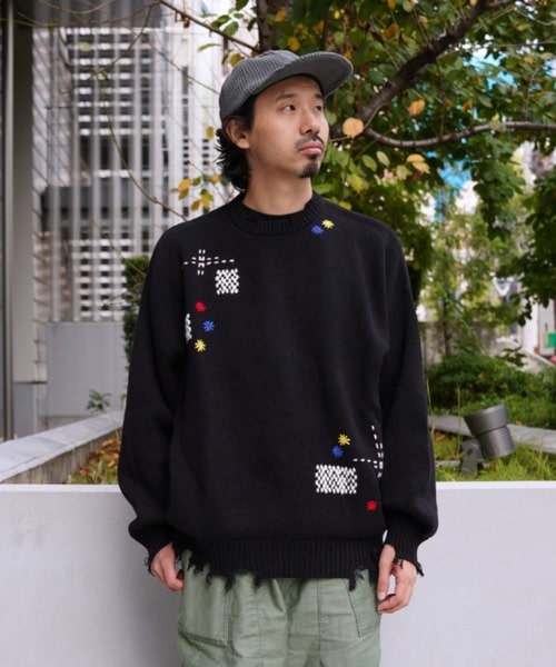 B omnivore/ビーオムニボー　HAND STITCH CREWNECK KNIT ハンドステッチクルーネックニット SAX M